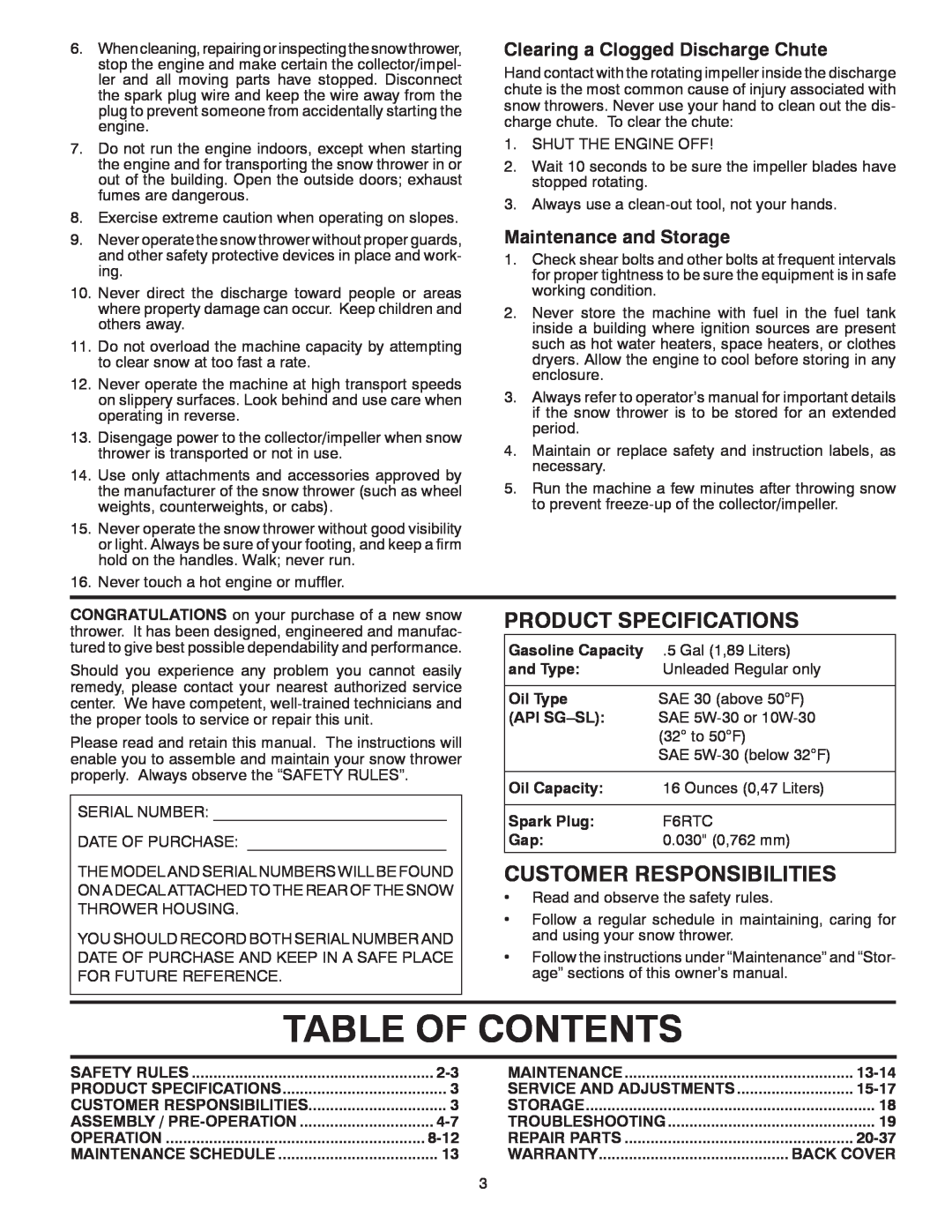 McCulloch MC12527ES Table Of Contents, Product Specifications, Customer Responsibilities, Maintenance and Storage, 8-12 