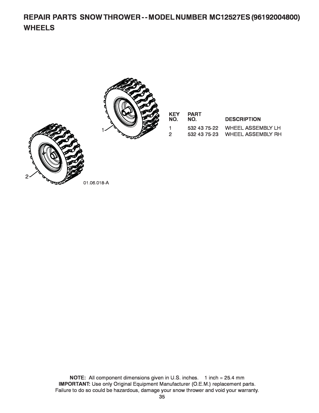 McCulloch MC12527ES owner manual Wheels, Part, Description, 532, Wheel Assembly Lh 