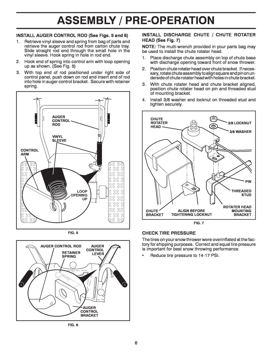 McCulloch MC12527ES owner manual Assembly / Pre-Operation, INSTALL AUGER CONTROL ROD See Figs. 5 and, Check Tire Pressure 
