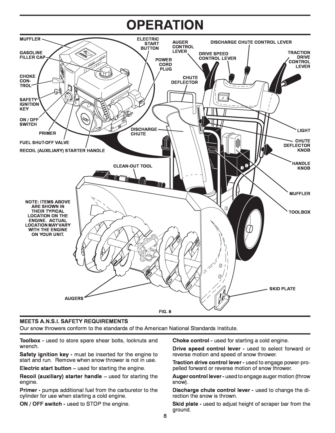 McCulloch MC12527ES owner manual Operation, Meets A.N.S.I. Safety Requirements, ON / OFF switch - used to STOP the engine 