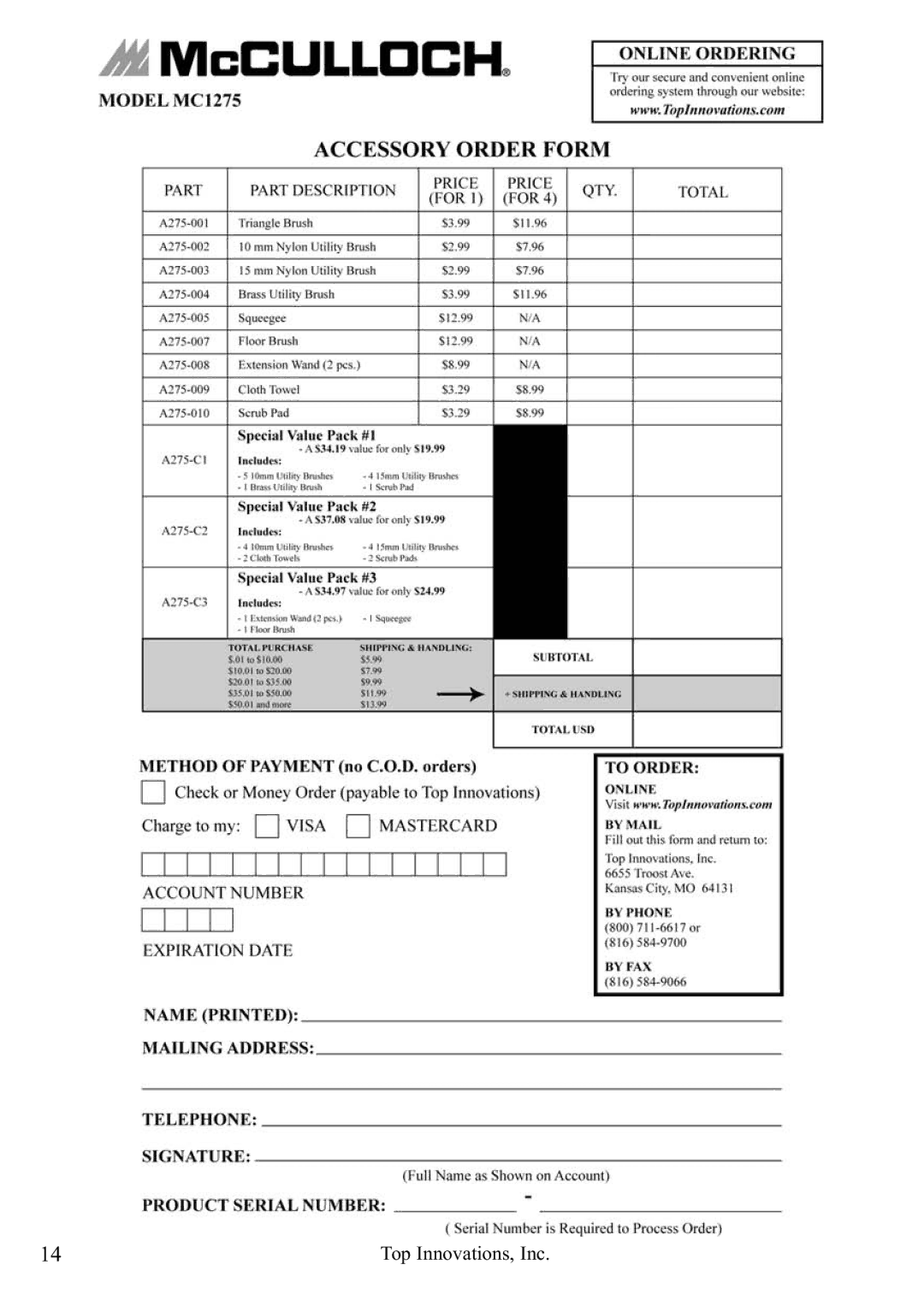 McCulloch MC1275 warranty Top Innovations, Inc 