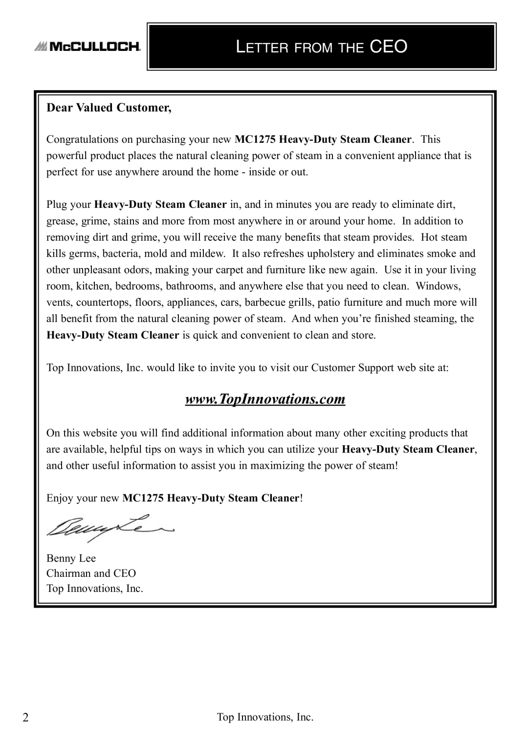 McCulloch MC1275 warranty Letter from the CEO, Dear Valued Customer 