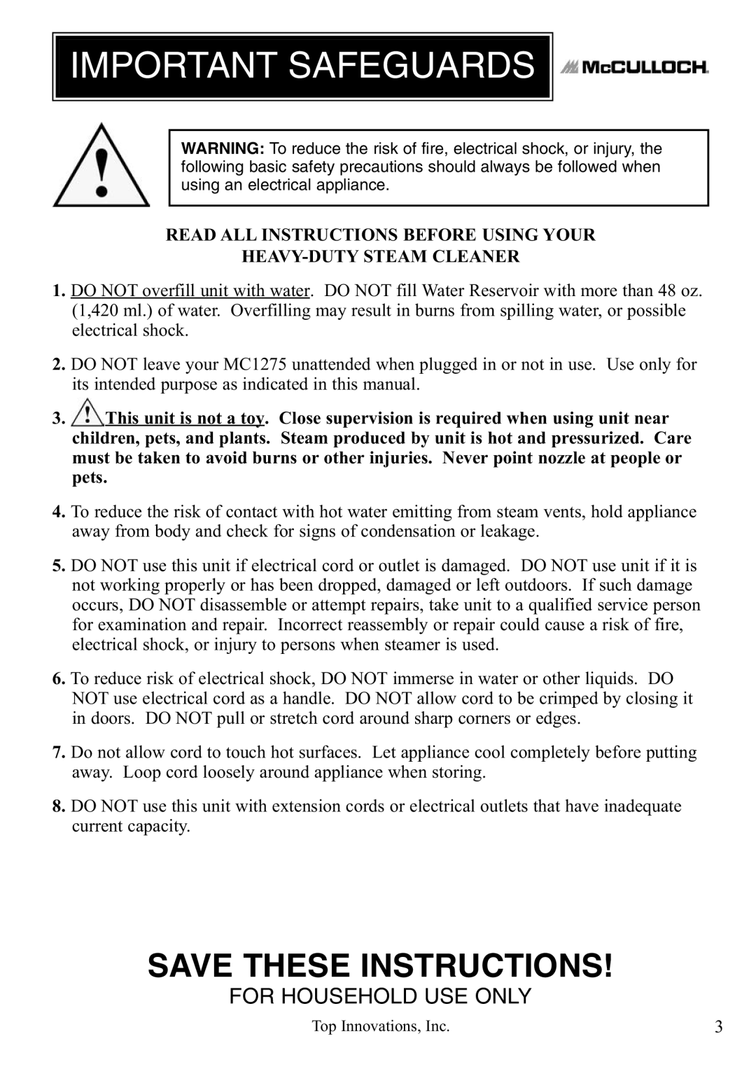 McCulloch MC1275 warranty Important Safeguards 