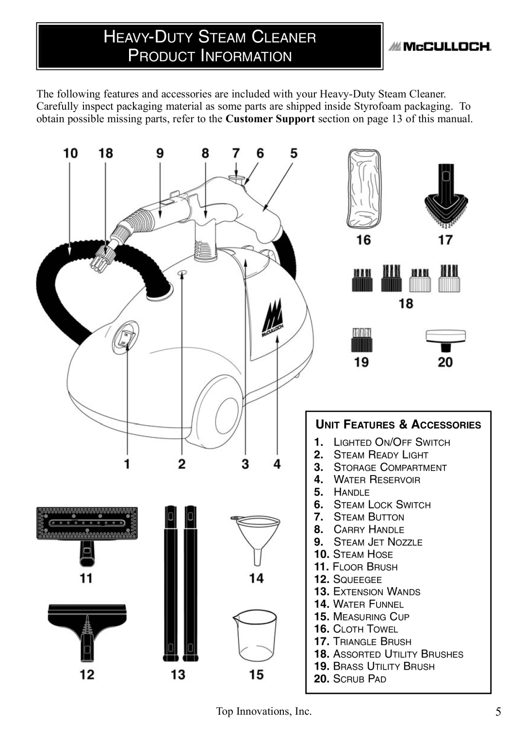 McCulloch MC1275 warranty HEAVY-DUTY Steam Cleaner Product Information, Unit Features & Accessories 