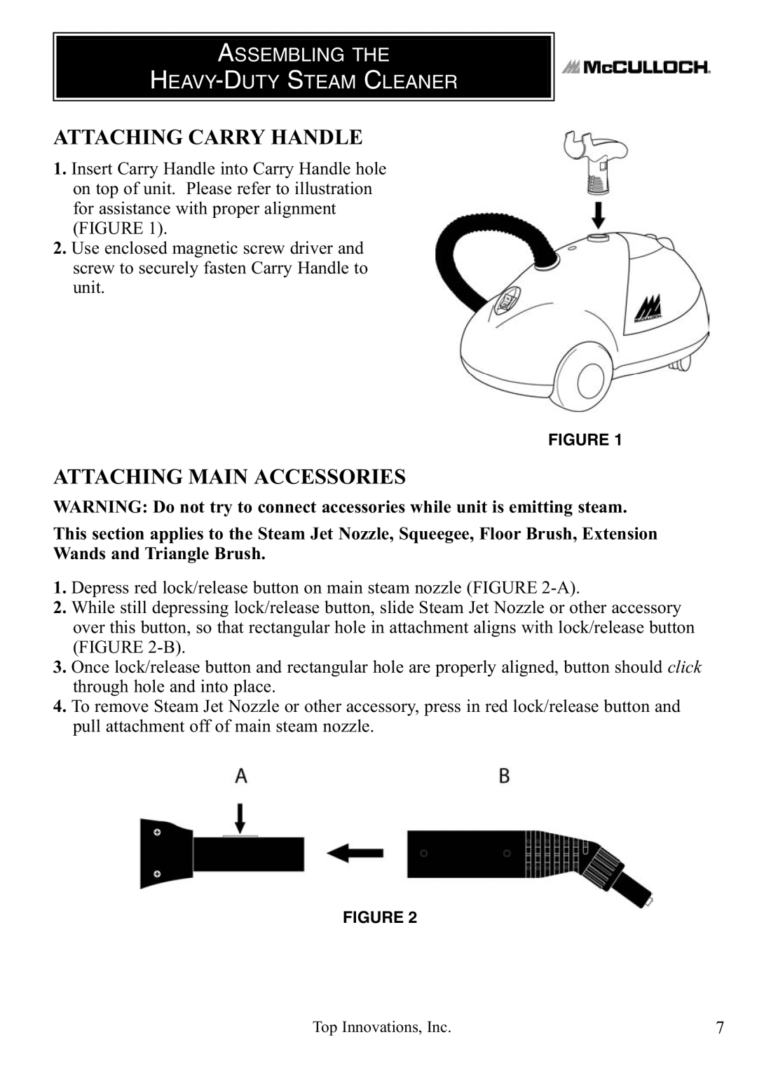 McCulloch MC1275 warranty Attaching Carry Handle, Attaching Main Accessories, Assembling HEAVY-DUTY Steam Cleaner 