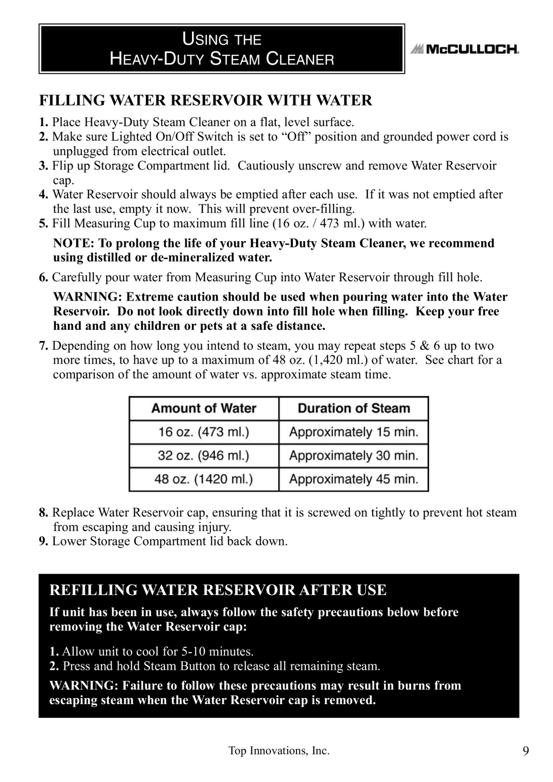 McCulloch MC1275 warranty Refilling Water Reservoir After USE, Using HEAVY-DUTY Steam Cleaner 