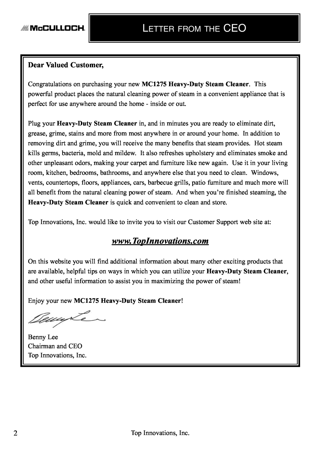 McCulloch warranty Letter From The Ceo, Enjoy your new MC1275 Heavy-DutySteam Cleaner 