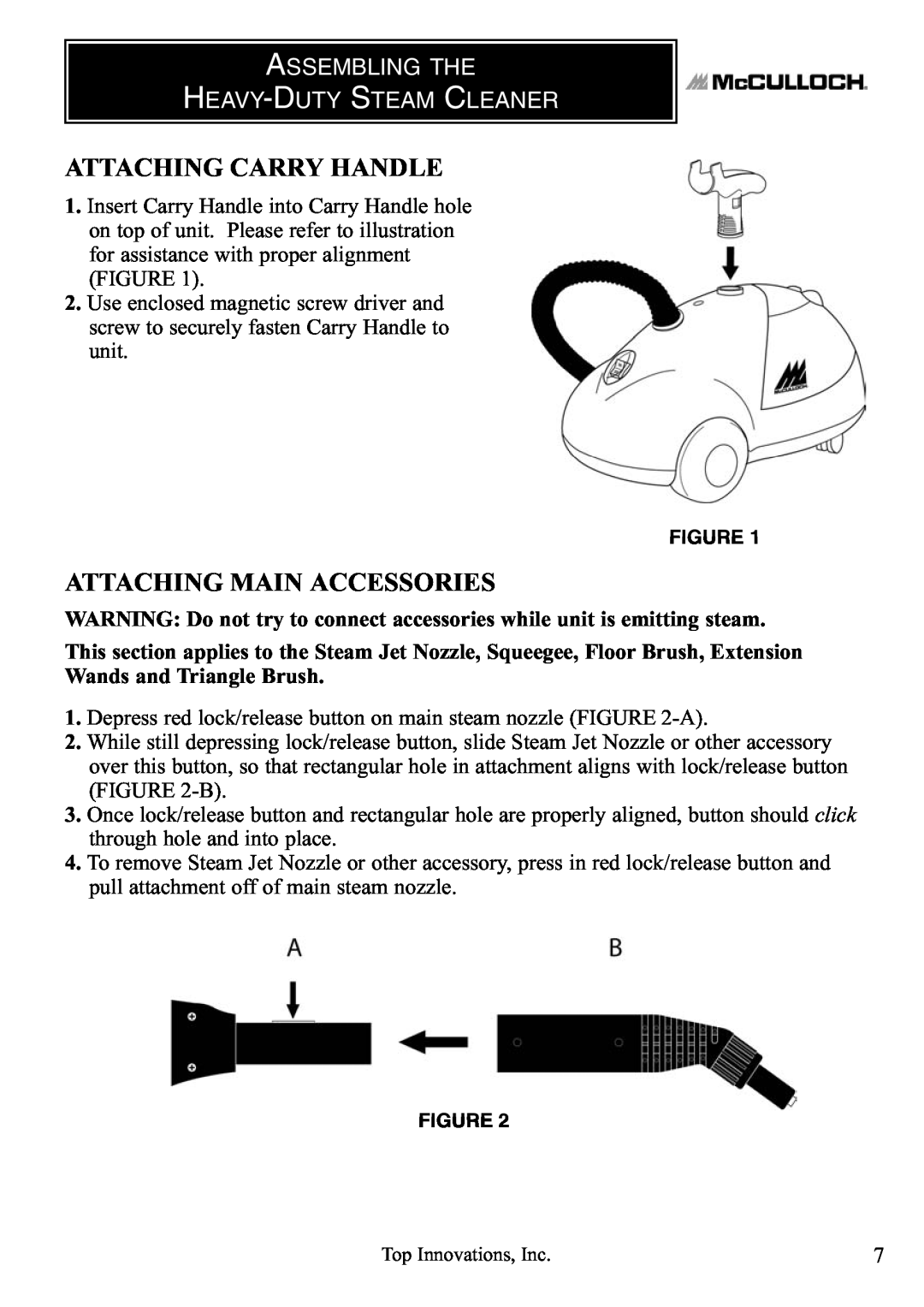 McCulloch MC1275 warranty Attaching Carry Handle, Attaching Main Accessories, Assembling The Heavy-Duty Steam Cleaner 
