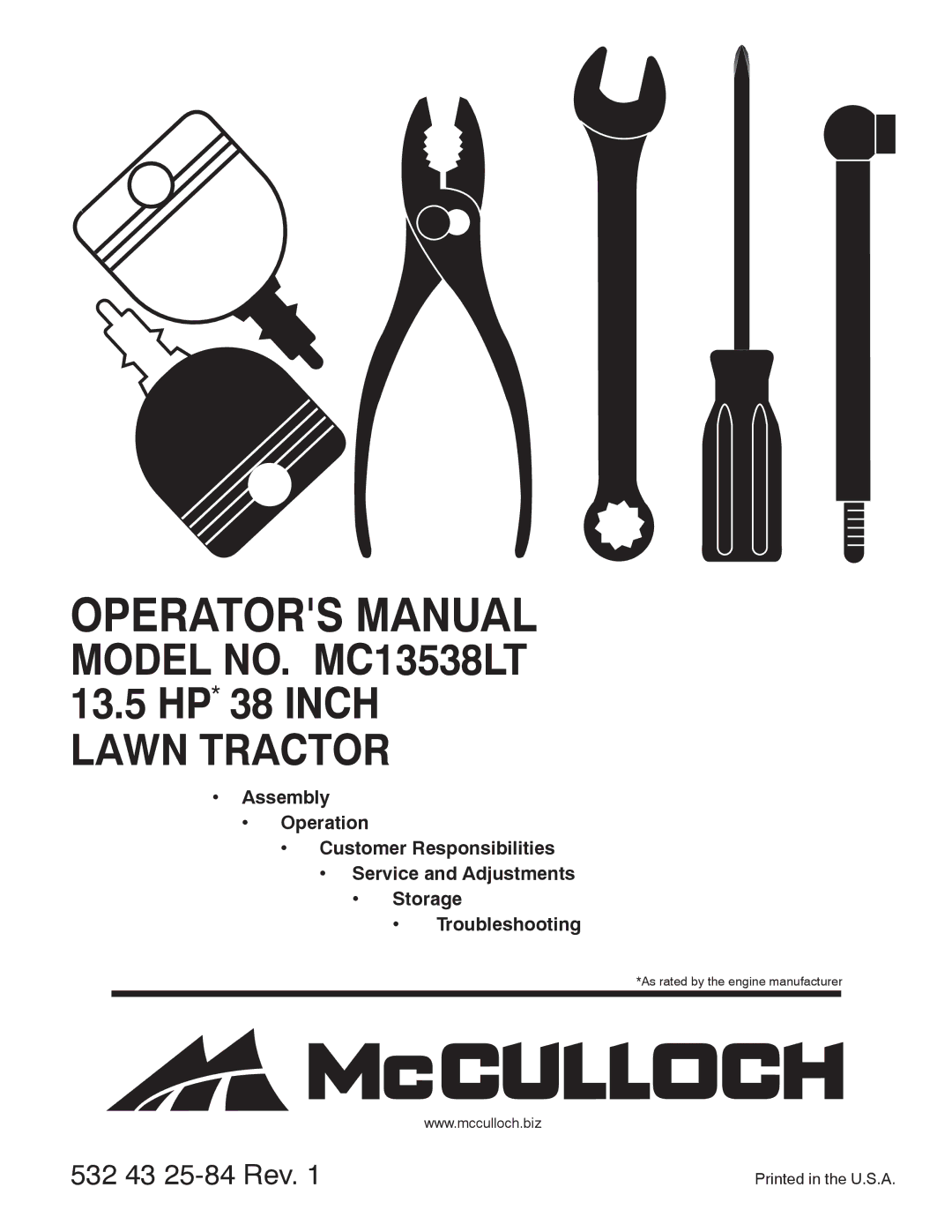 McCulloch 96012010300, MC13538LT manual Operators Manual 