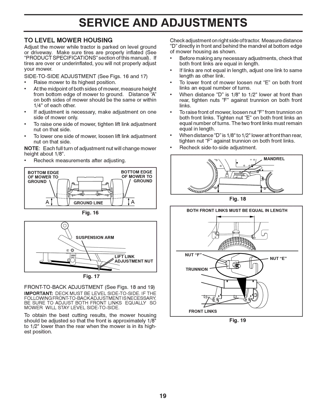 McCulloch 96012010300, MC13538LT manual To Level Mower Housing, FRONT-TO-BACK Adjustment See Figs 