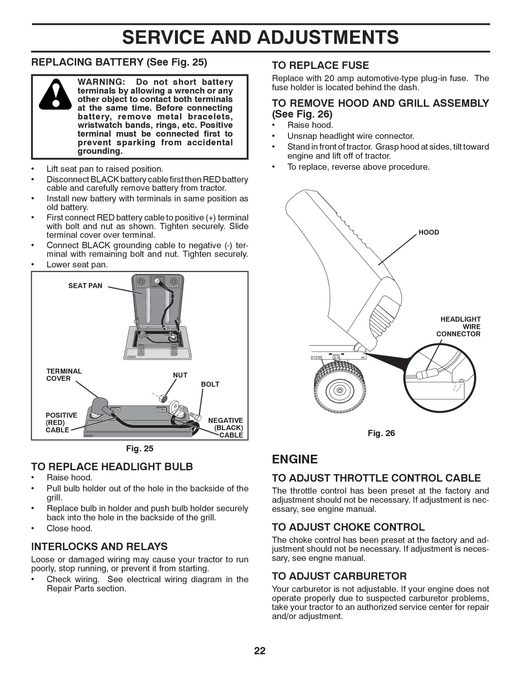 McCulloch MC13538LT To Replace Headlight Bulb, Interlocks and Relays, To Replace Fuse, To Adjust Throttle Control Cable 