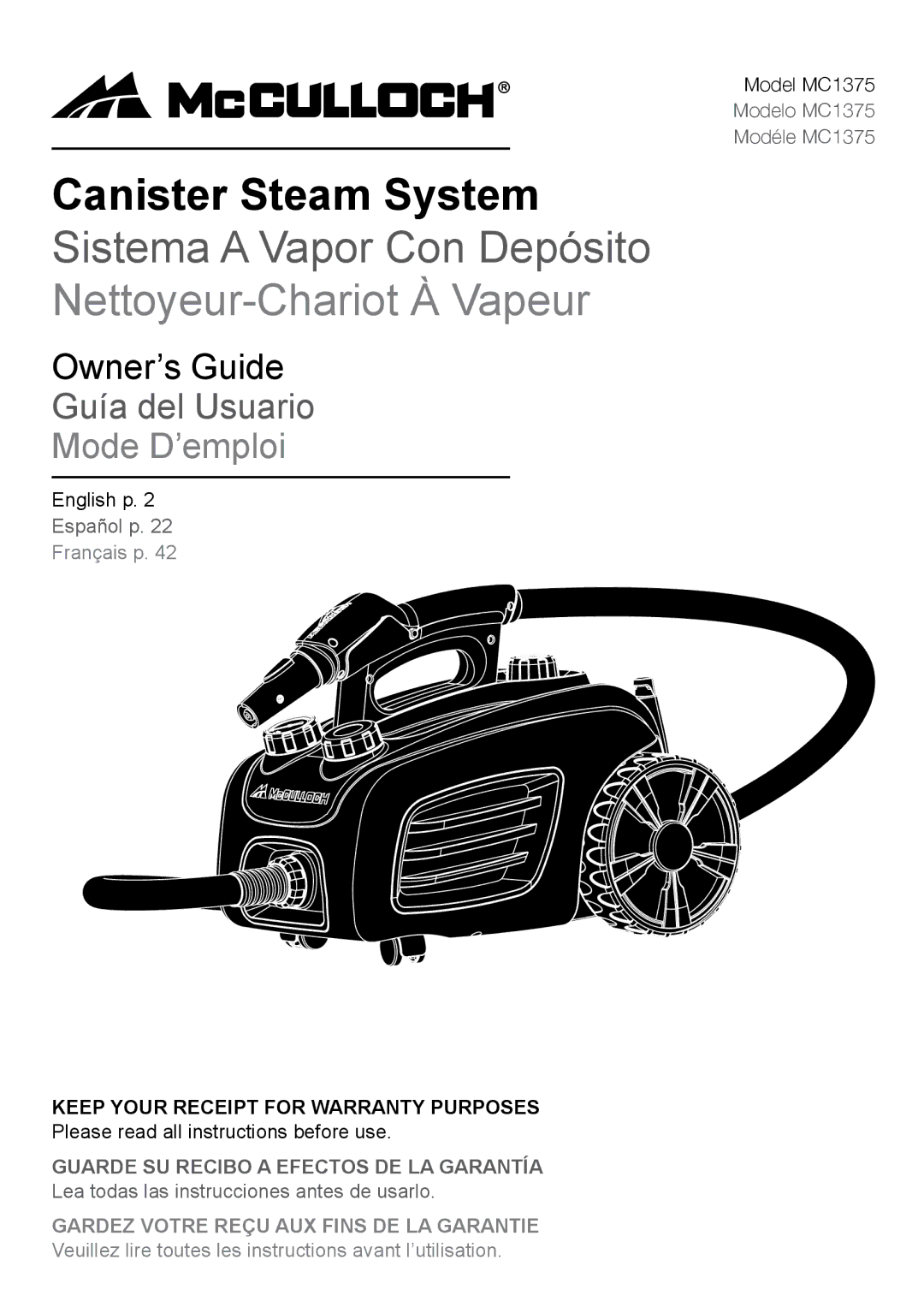 McCulloch MC1375 warranty Owner’s Guide, Keep Your Receipt for Warranty Purposes 