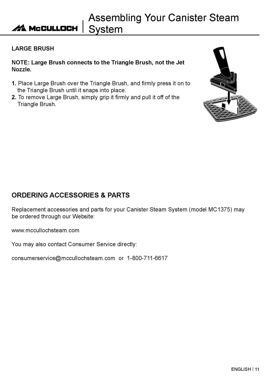 McCulloch MC1375 warranty Ordering Accessories & Parts, Large Brush 