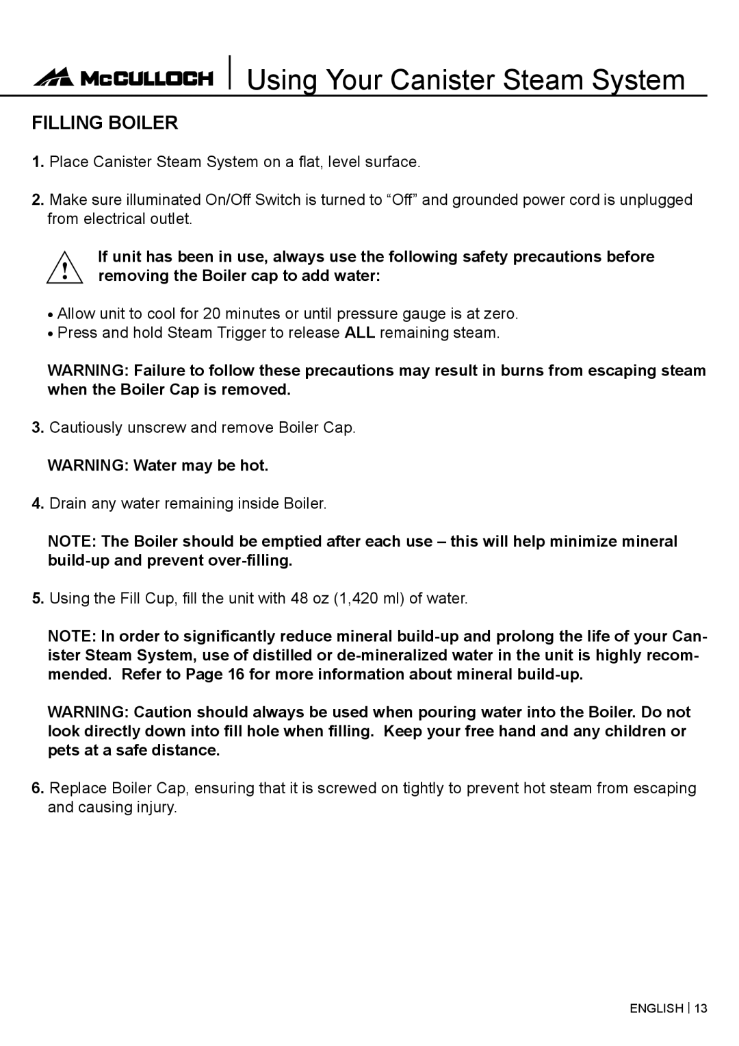 McCulloch MC1375 warranty Using Your Canister Steam System, Filling Boiler 