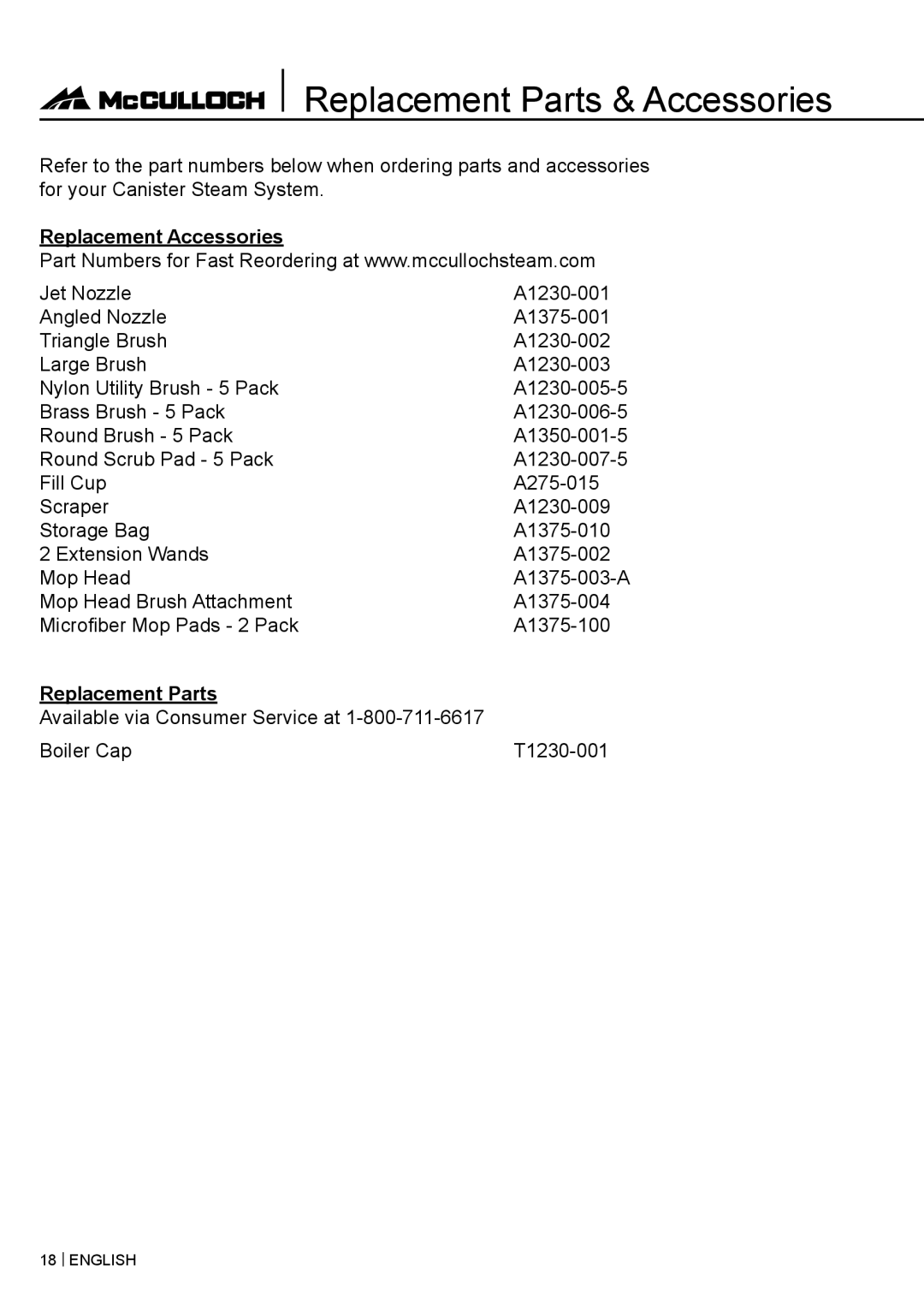 McCulloch MC1375 warranty Replacement Parts & Accessories, Replacement Accessories 