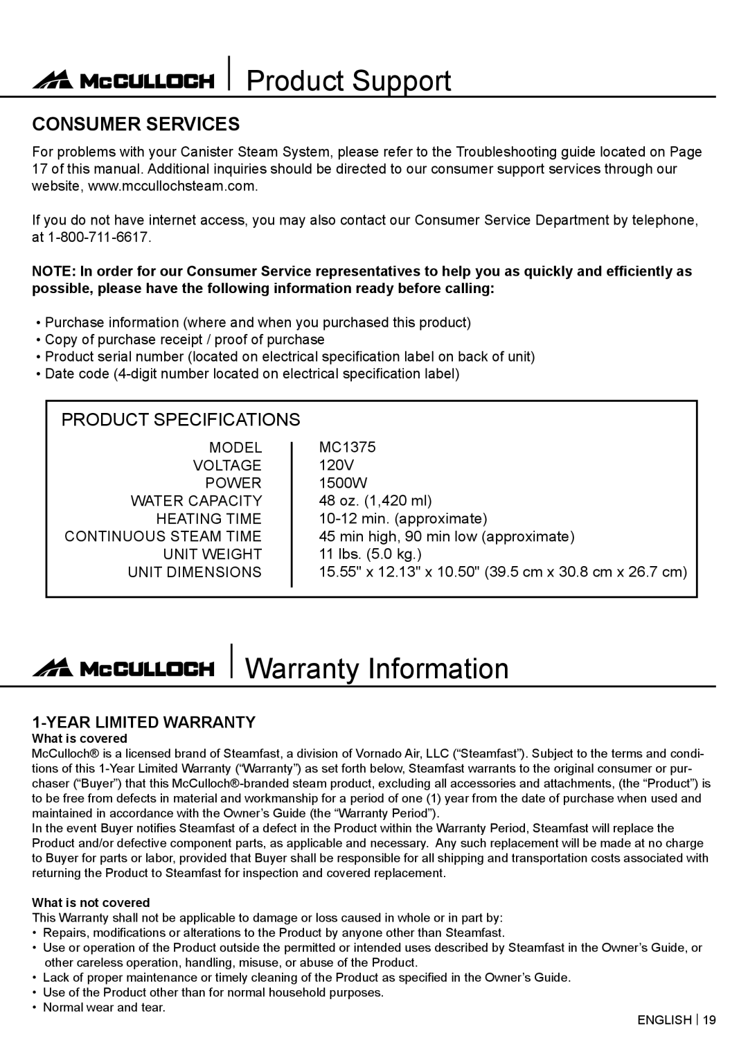 McCulloch MC1375 warranty Product Support, Warranty Information, Consumer Services, Year Limited Warranty 