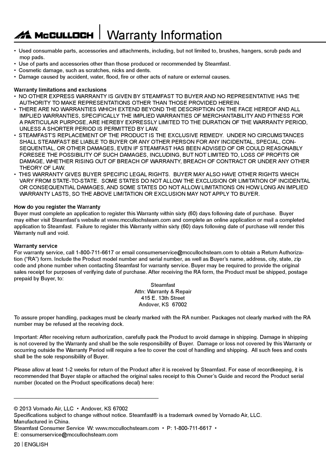 McCulloch MC1375 warranty Warranty limitations and exclusions 