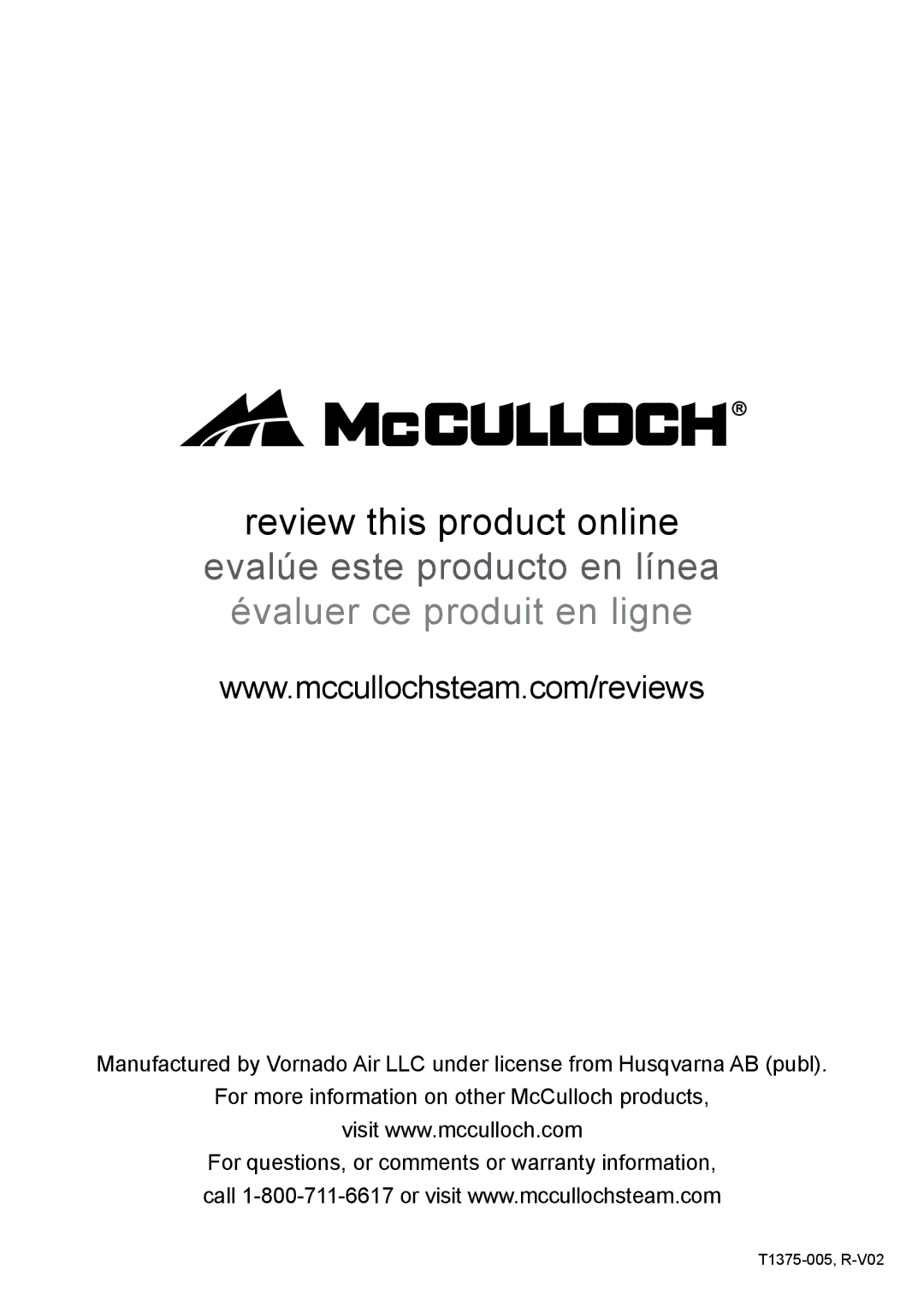 McCulloch MC1375 warranty Évaluer ce produit en ligne 