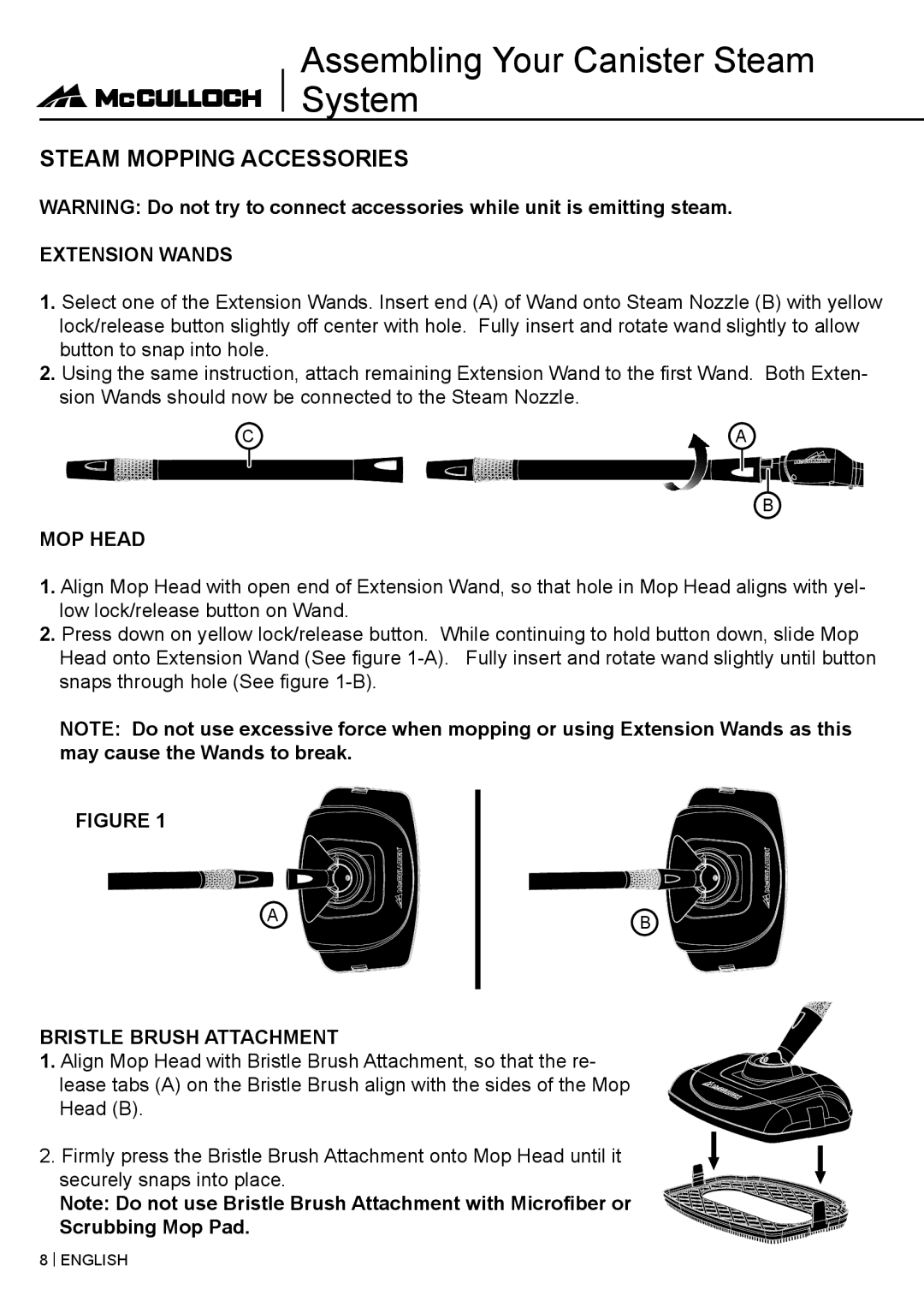 McCulloch MC1375 warranty Assembling Your Canister Steam System, Steam Mopping Accessories, Extension Wands, MOP Head 