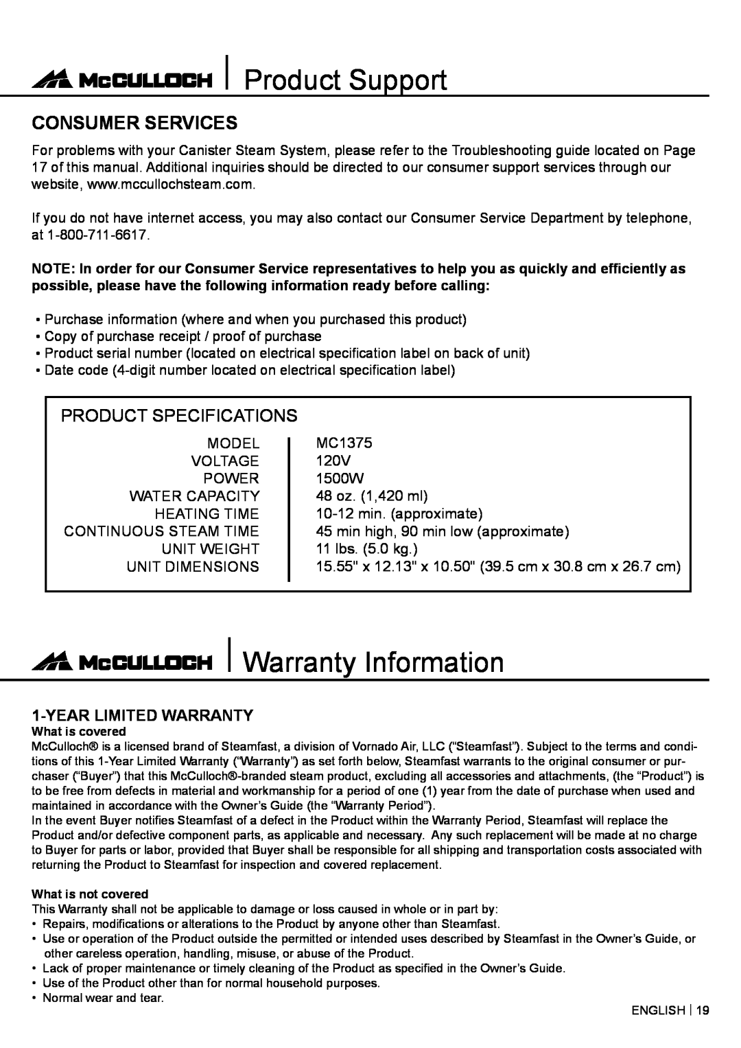 McCulloch MC1375 warranty Product Support, Warranty Information, Consumer Services, Product Specifications 
