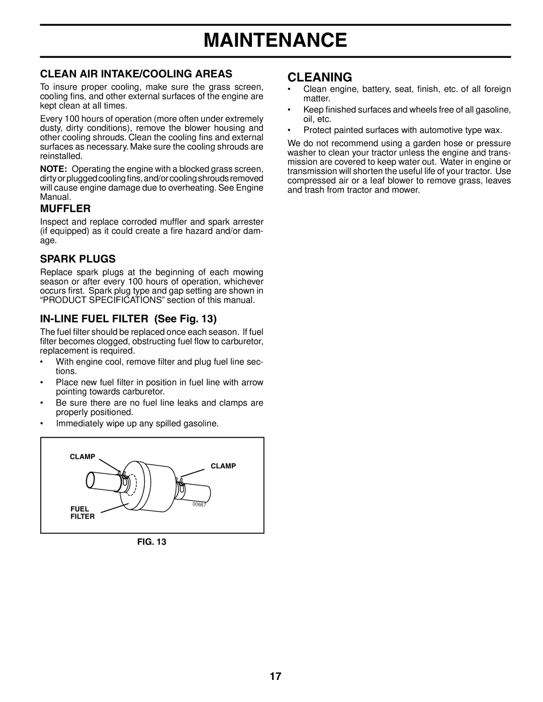 McCulloch MC1538ST manual Cleaning, Clean AIR INTAKE/COOLING Areas, Muffler, Spark Plugs, IN-LINE Fuel Filter See Fig 