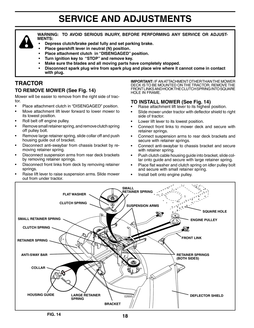 McCulloch MC1538ST manual Service and Adjustments, To Remove Mower See Fig, To Install Mower See Fig 