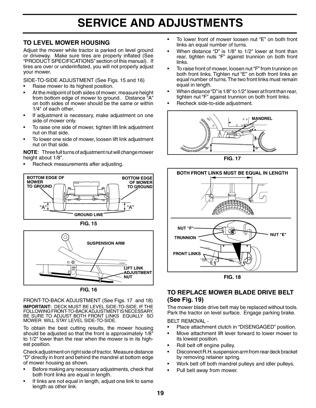 McCulloch MC1538ST manual To Level Mower Housing, To Replace Mower Blade Drive Belt See Fig, Belt Removal 