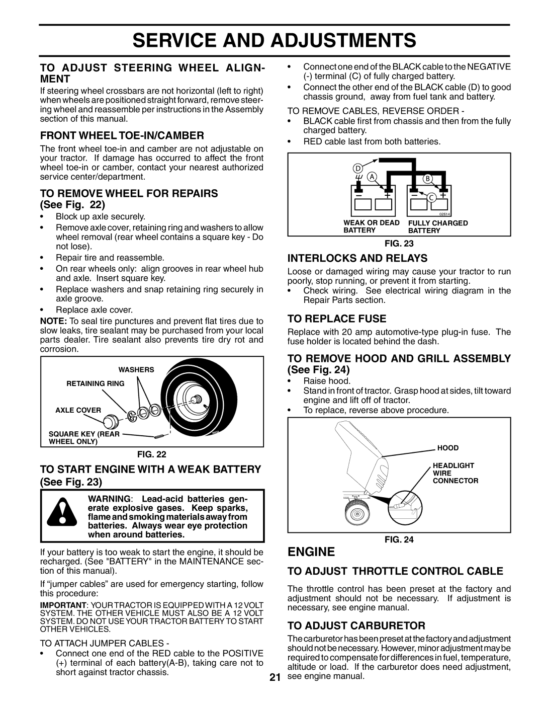 McCulloch MC1538ST To Adjust Steering Wheel ALIGN- Ment, Front Wheel TOE-IN/CAMBER, Interlocks and Relays, To Replace Fuse 