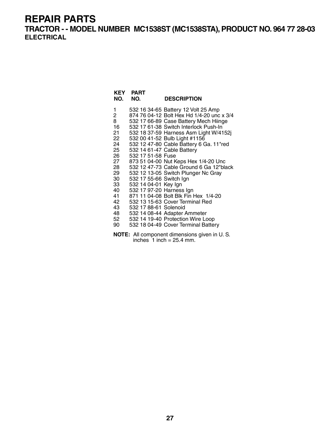 McCulloch MC1538ST manual KEY Part NO. NO. Description 