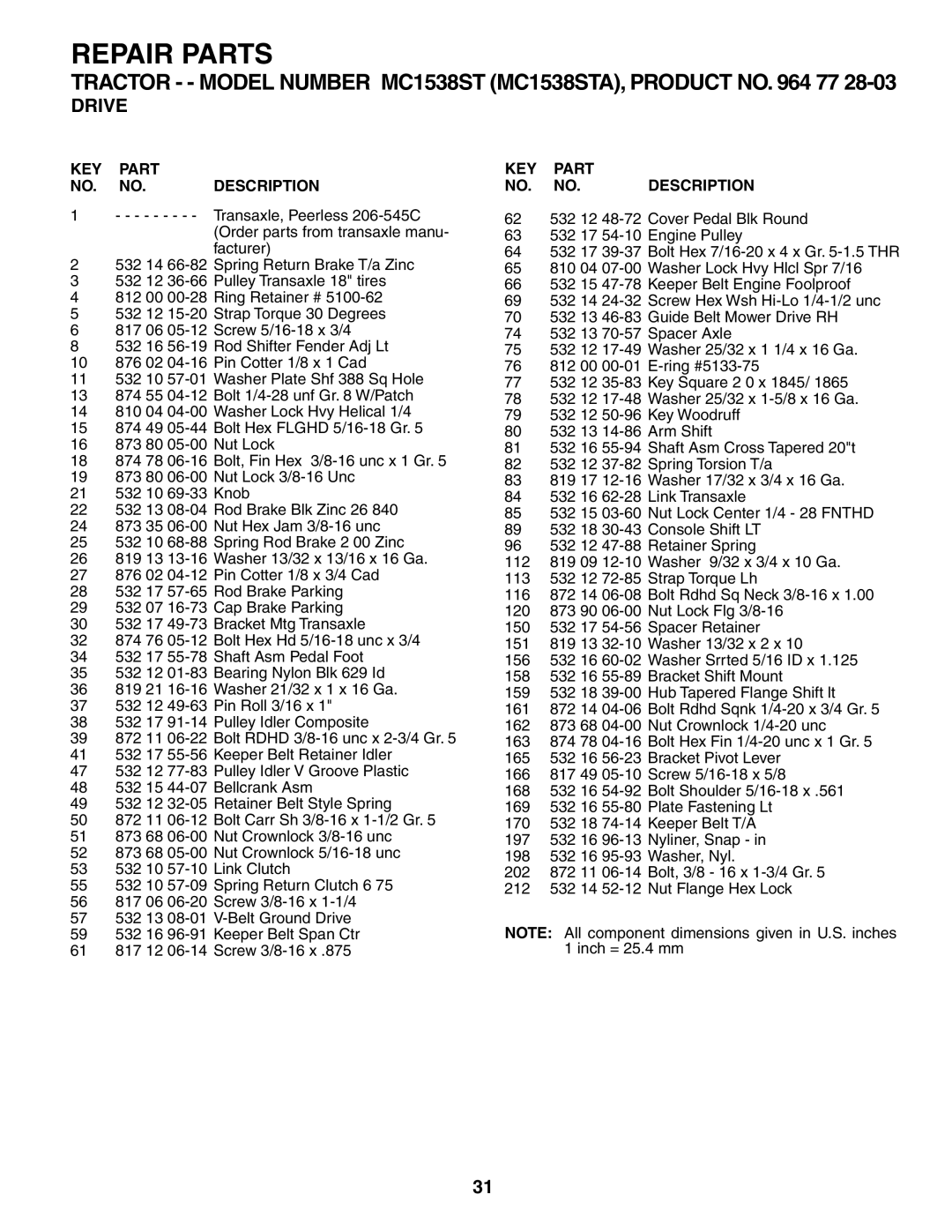 McCulloch MC1538ST manual Repair Parts 