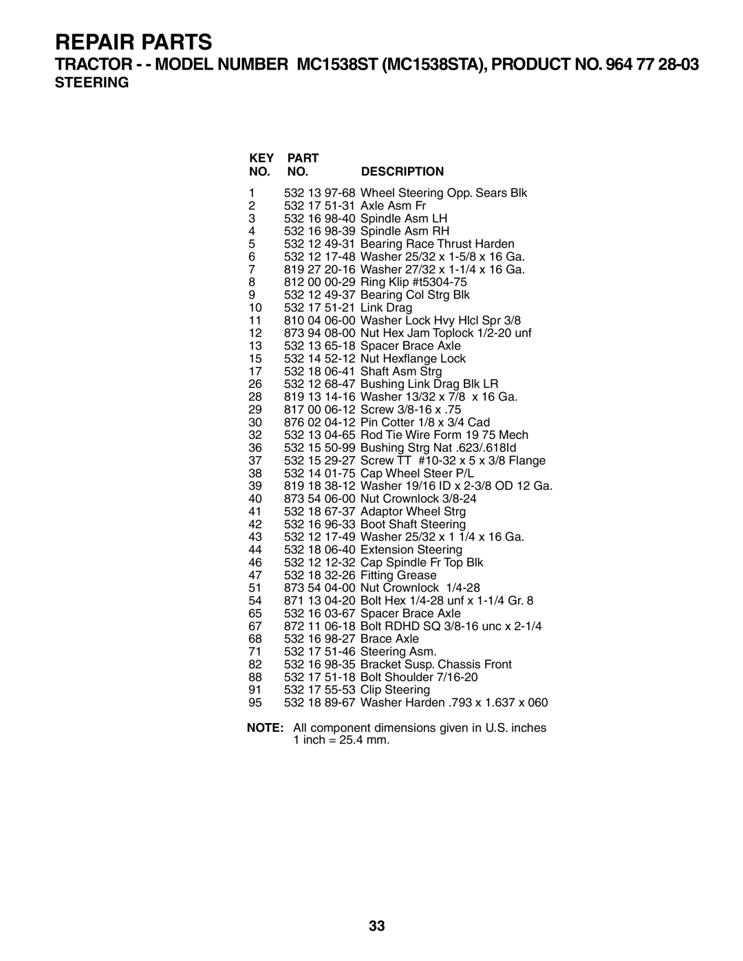 McCulloch MC1538ST manual Repair Parts 