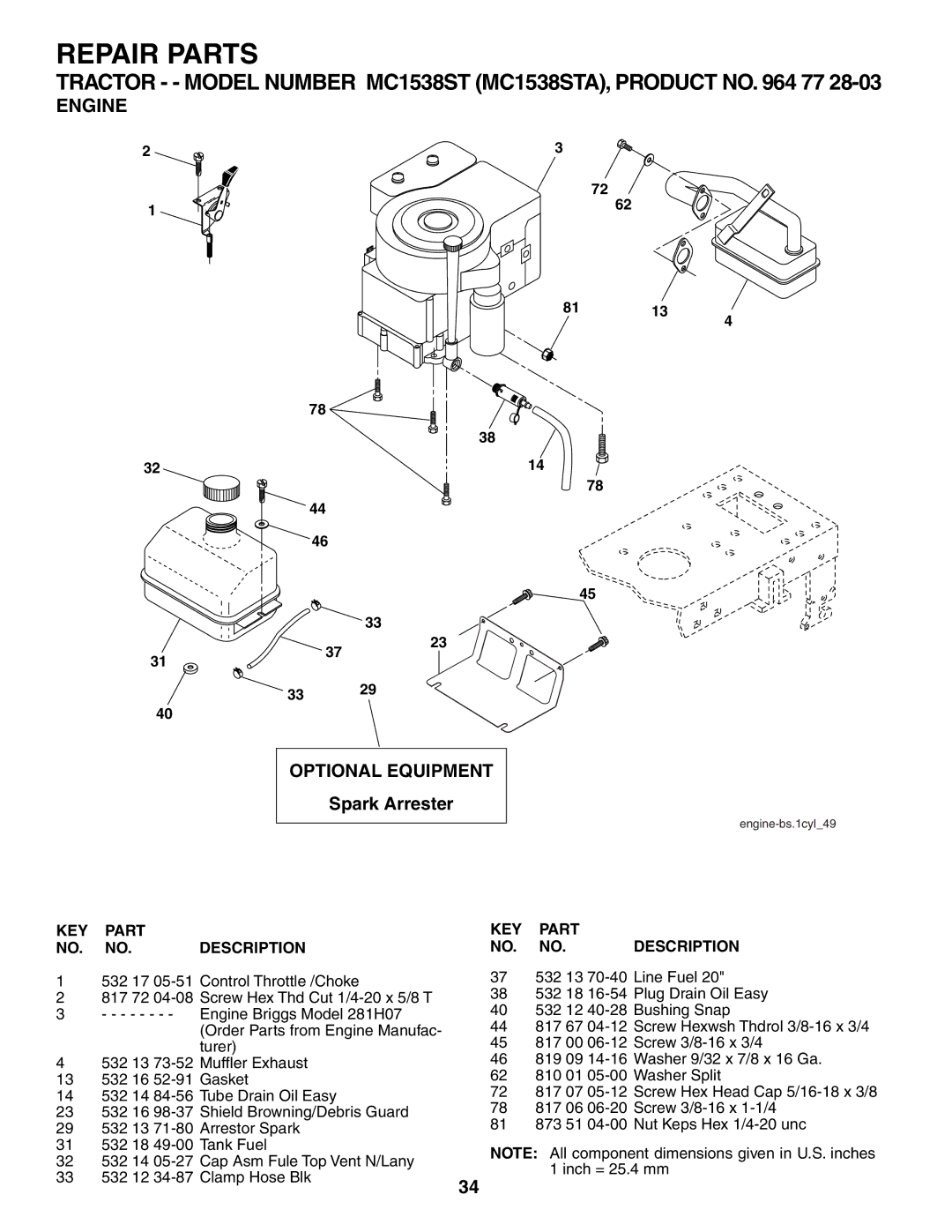 McCulloch MC1538ST manual Engine, Optional Equipment 