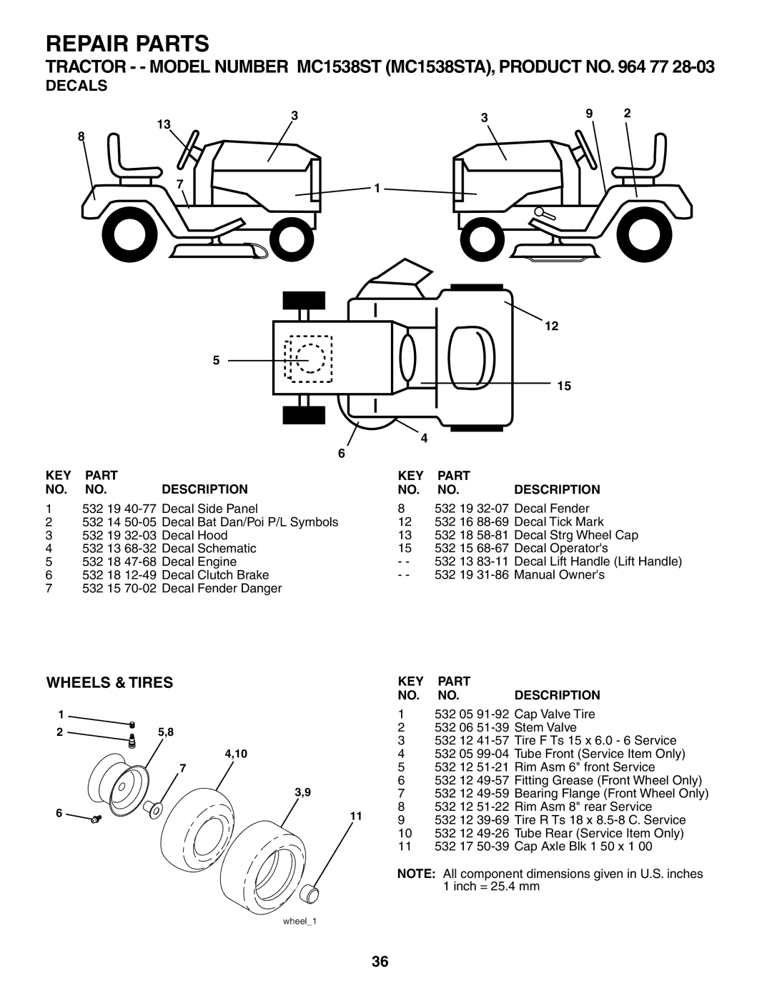 McCulloch MC1538ST manual Decals, Wheels & Tires 