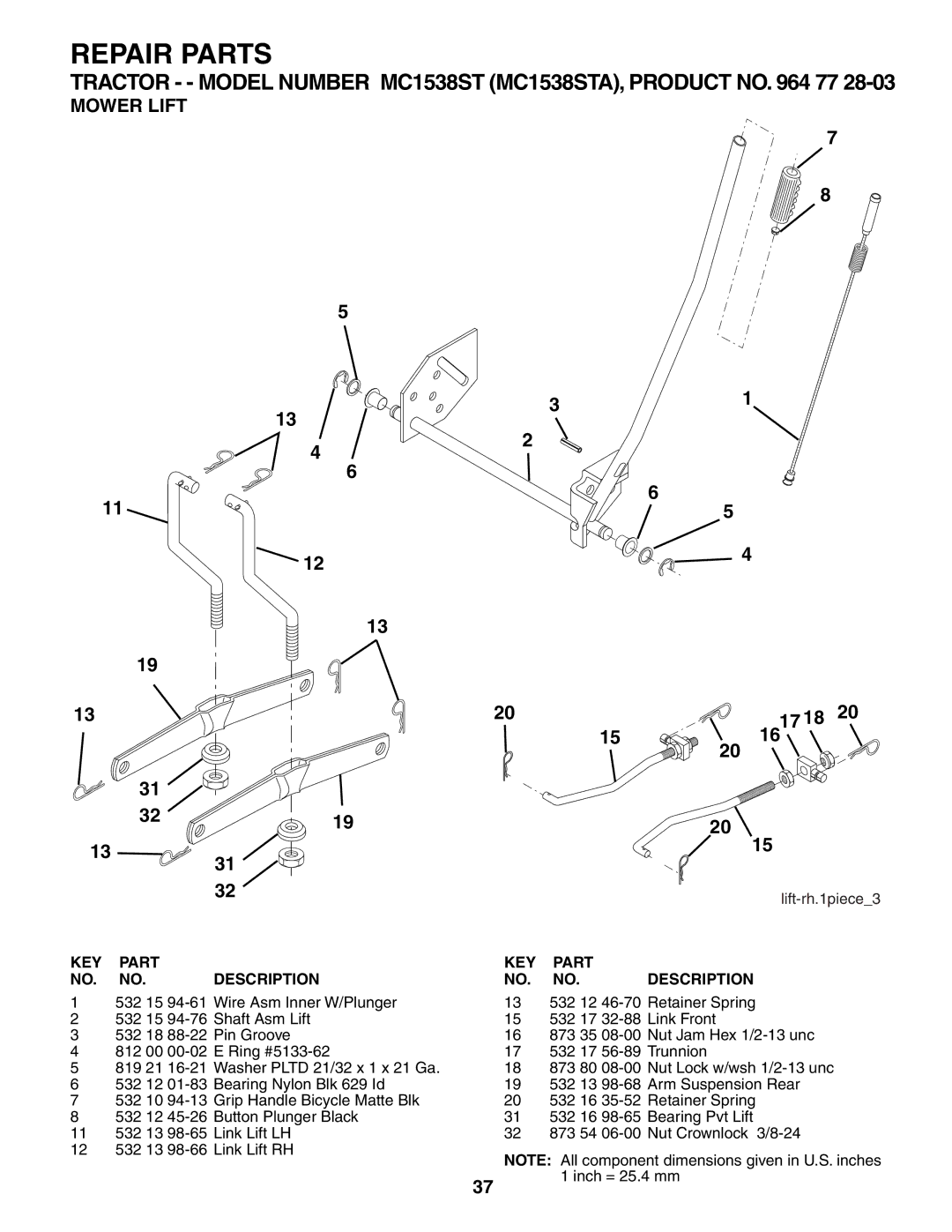 McCulloch MC1538ST manual Mower Lift 