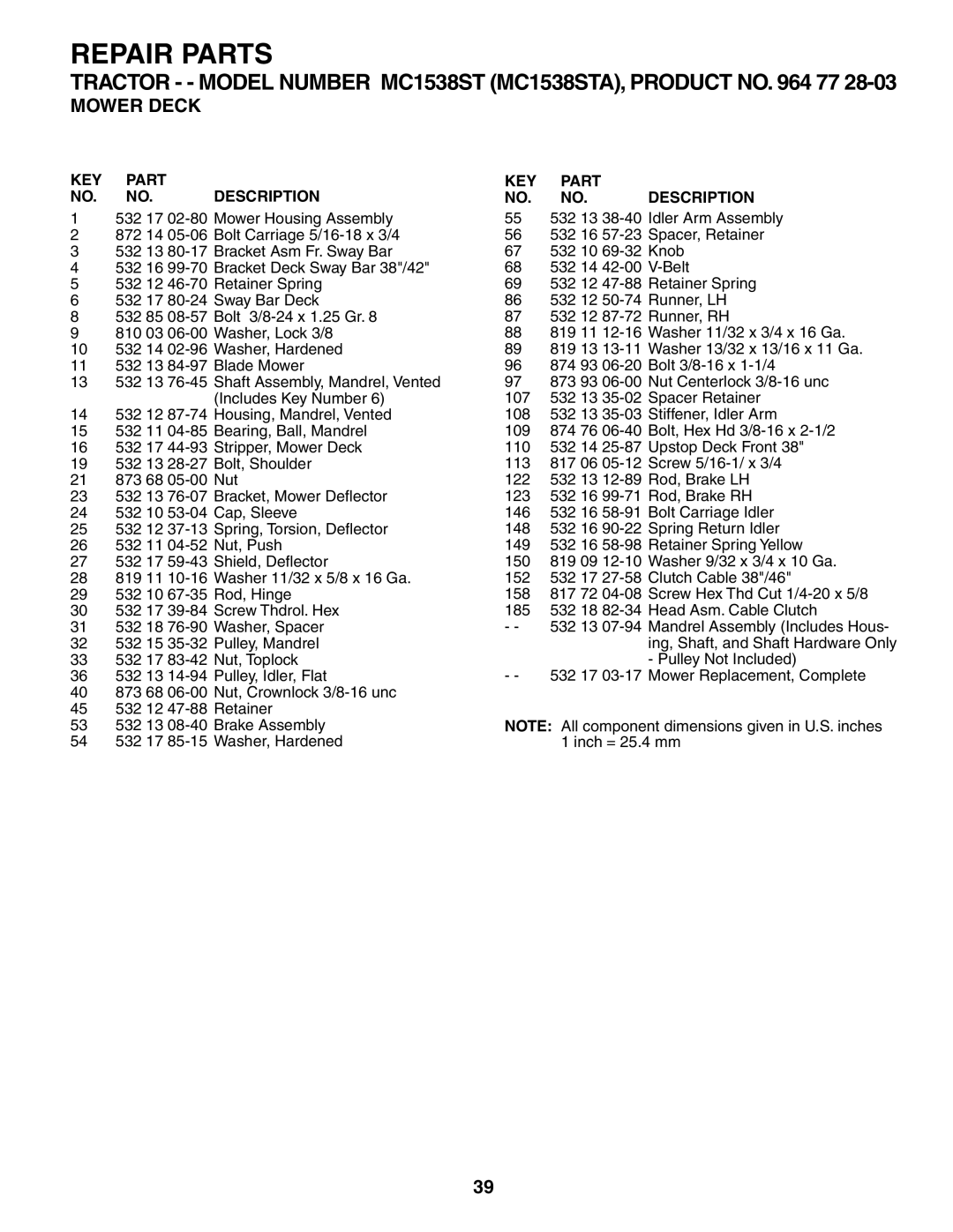 McCulloch MC1538ST manual KEY Part Description 