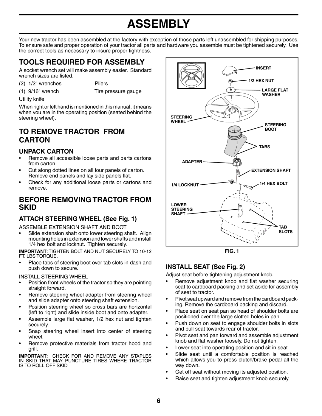 McCulloch MC1538ST manual Tools Required for Assembly, To Remove Tractor from Carton, Before Removing Tractor from Skid 