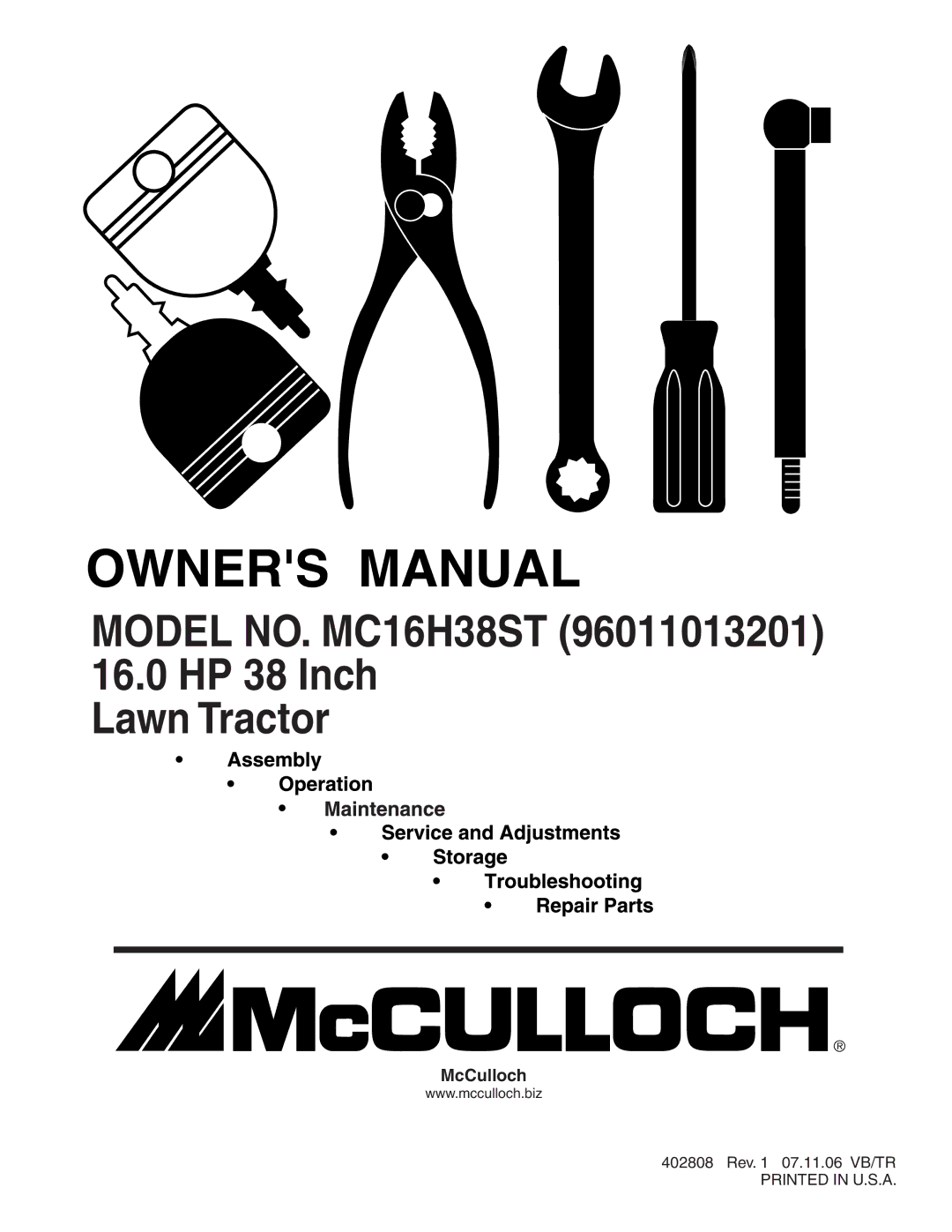 McCulloch 96011013201 manual Model NO. MC16H38ST 16.0 HP 38 Inch Lawn Tractor 