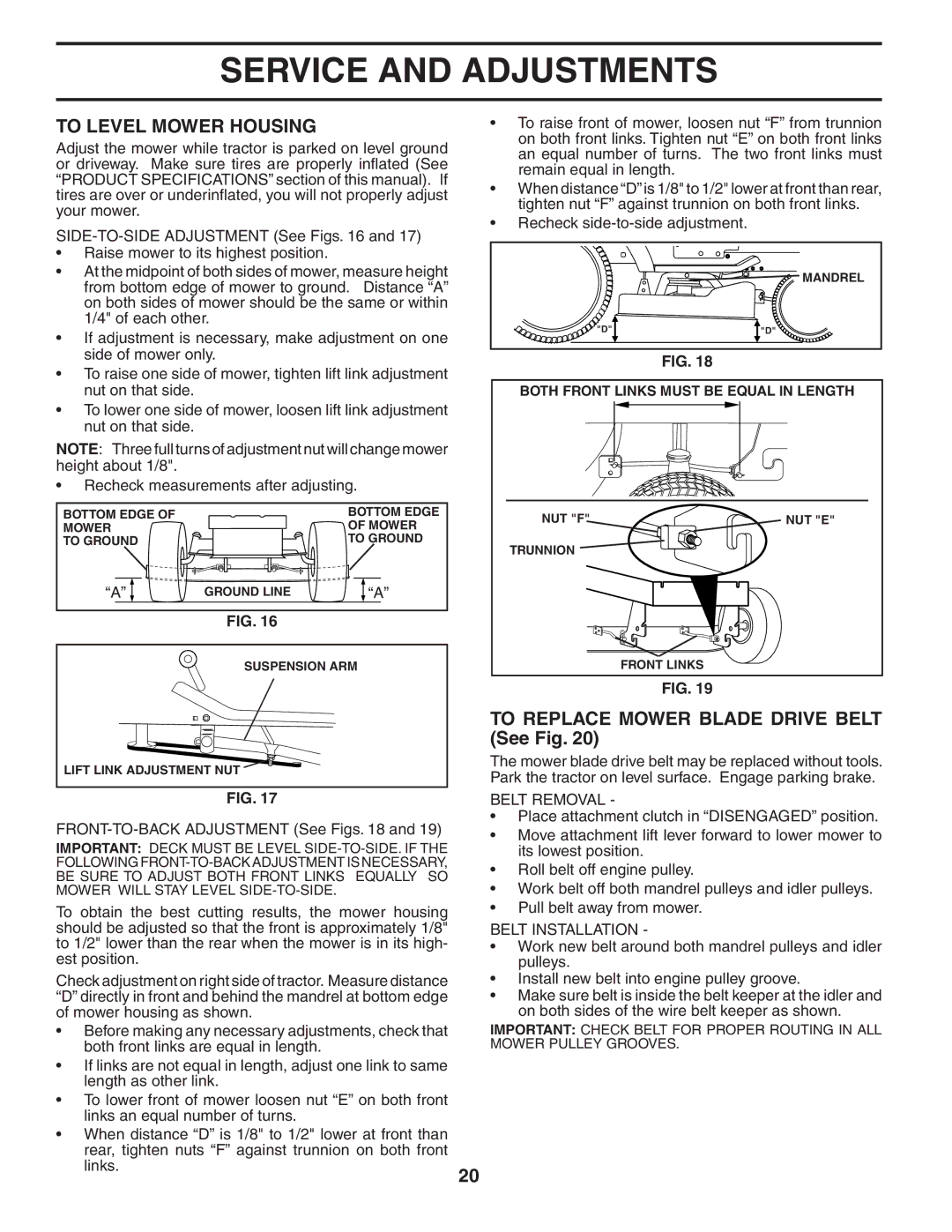 McCulloch MC16H38ST To Level Mower Housing, To Replace Mower Blade Drive Belt See Fig, Belt Removal, Belt Installation 