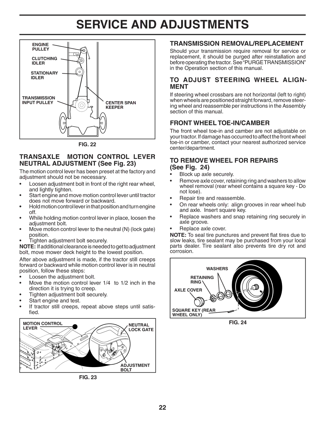 McCulloch MC16H38ST manual Transaxle Motion Control Lever Neutral Adjustment See Fig, Transmission REMOVAL/REPLACEMENT 