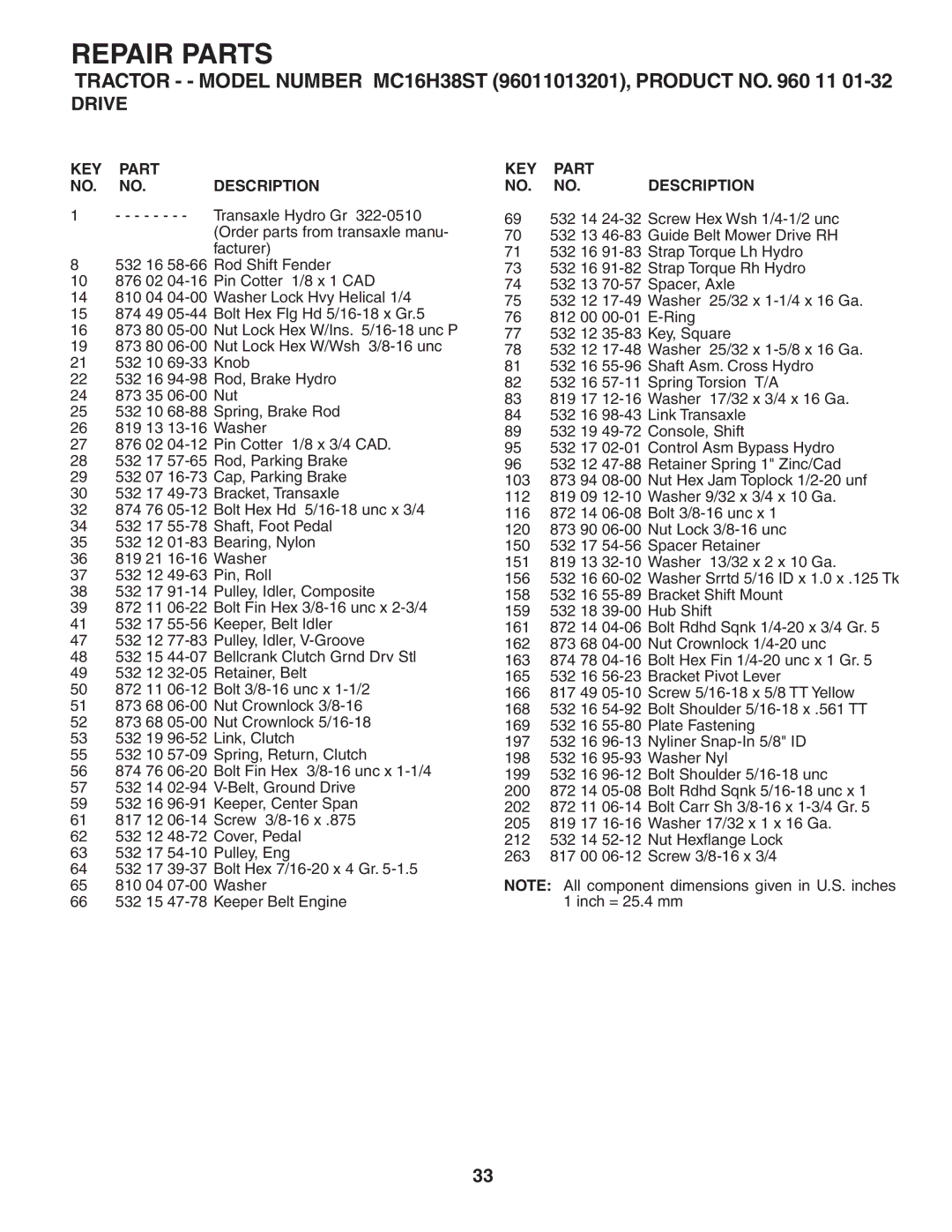 McCulloch 96011013201, MC16H38ST manual Repair Parts 