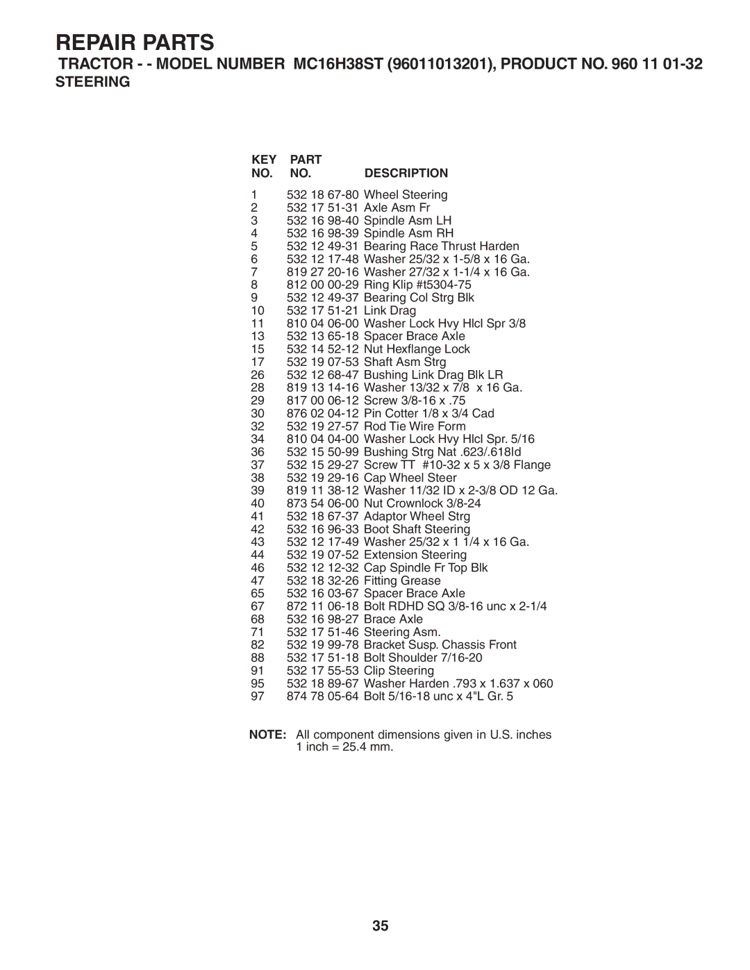 McCulloch 96011013201, MC16H38ST manual Repair Parts 