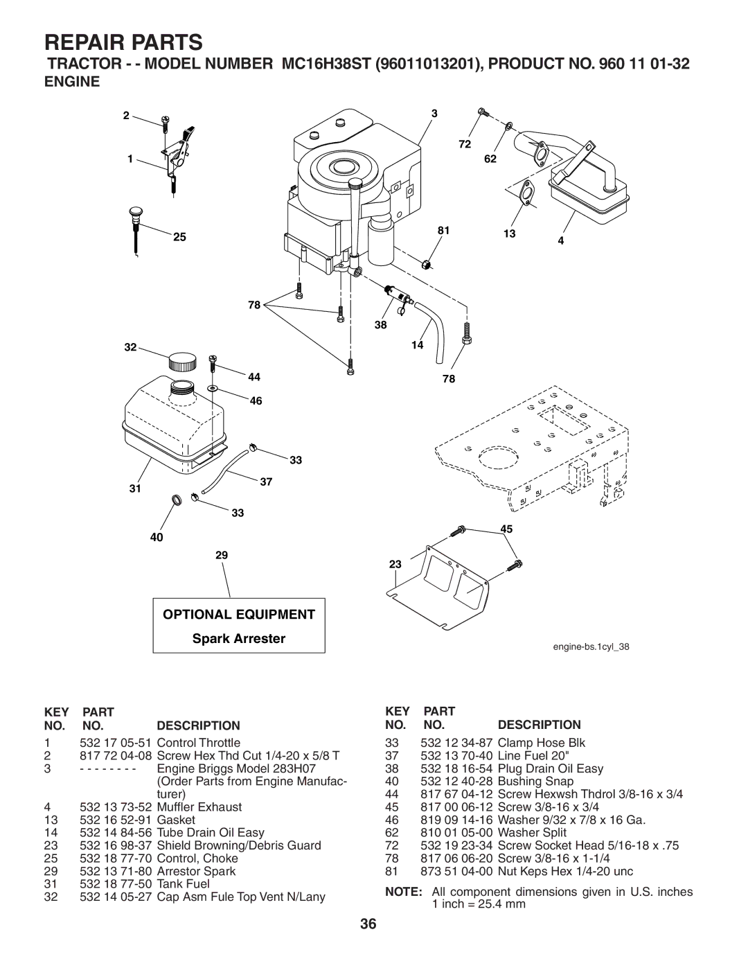 McCulloch MC16H38ST, 96011013201 manual Engine, Optional Equipment 