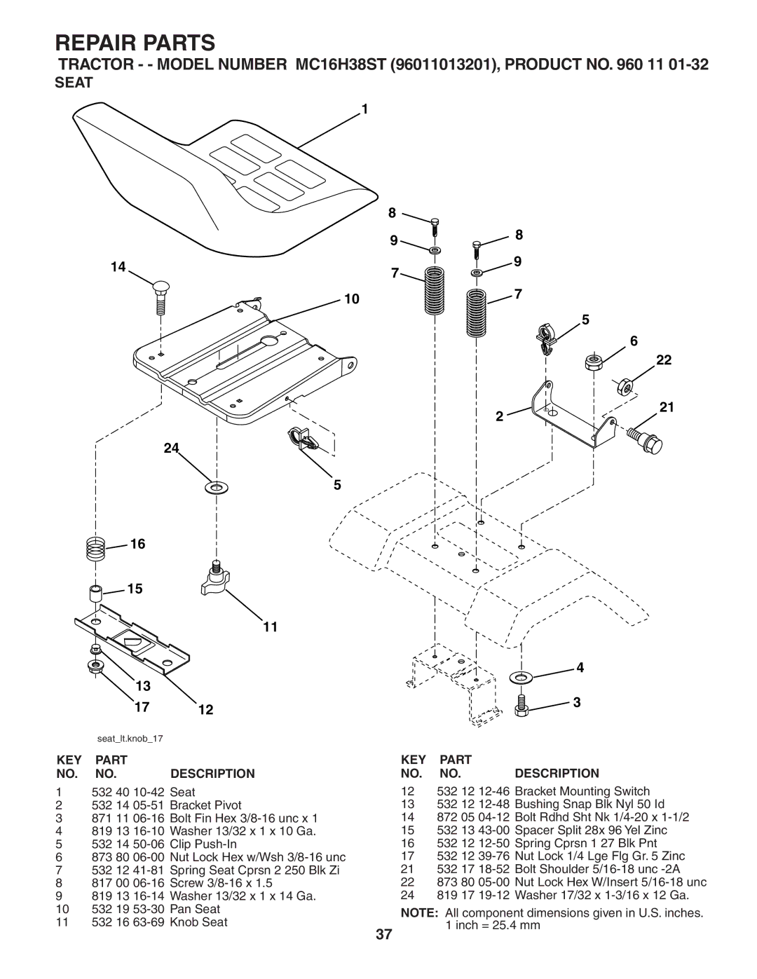 McCulloch 96011013201, MC16H38ST manual Seat 