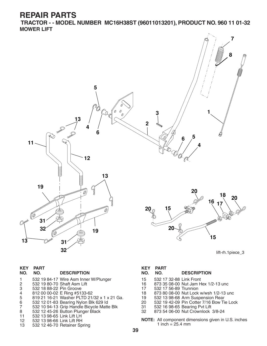 McCulloch 96011013201, MC16H38ST manual Mower Lift 