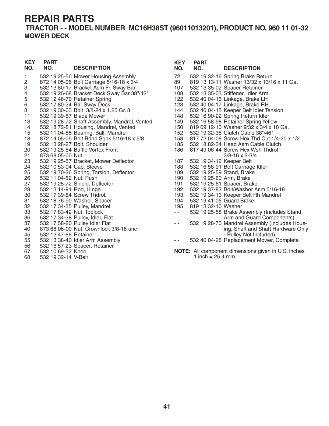 McCulloch 96011013201, MC16H38ST manual KEY Part Description 