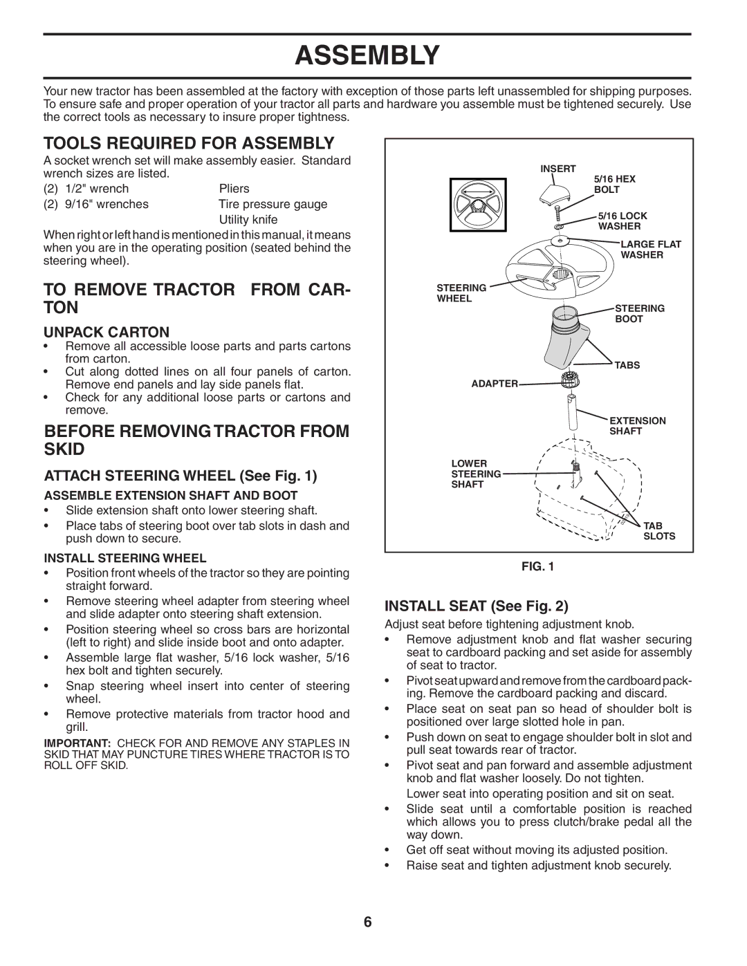 McCulloch MC16H38ST Tools Required for Assembly, To Remove Tractor from CAR- TON, Before Removing Tractor from Skid 