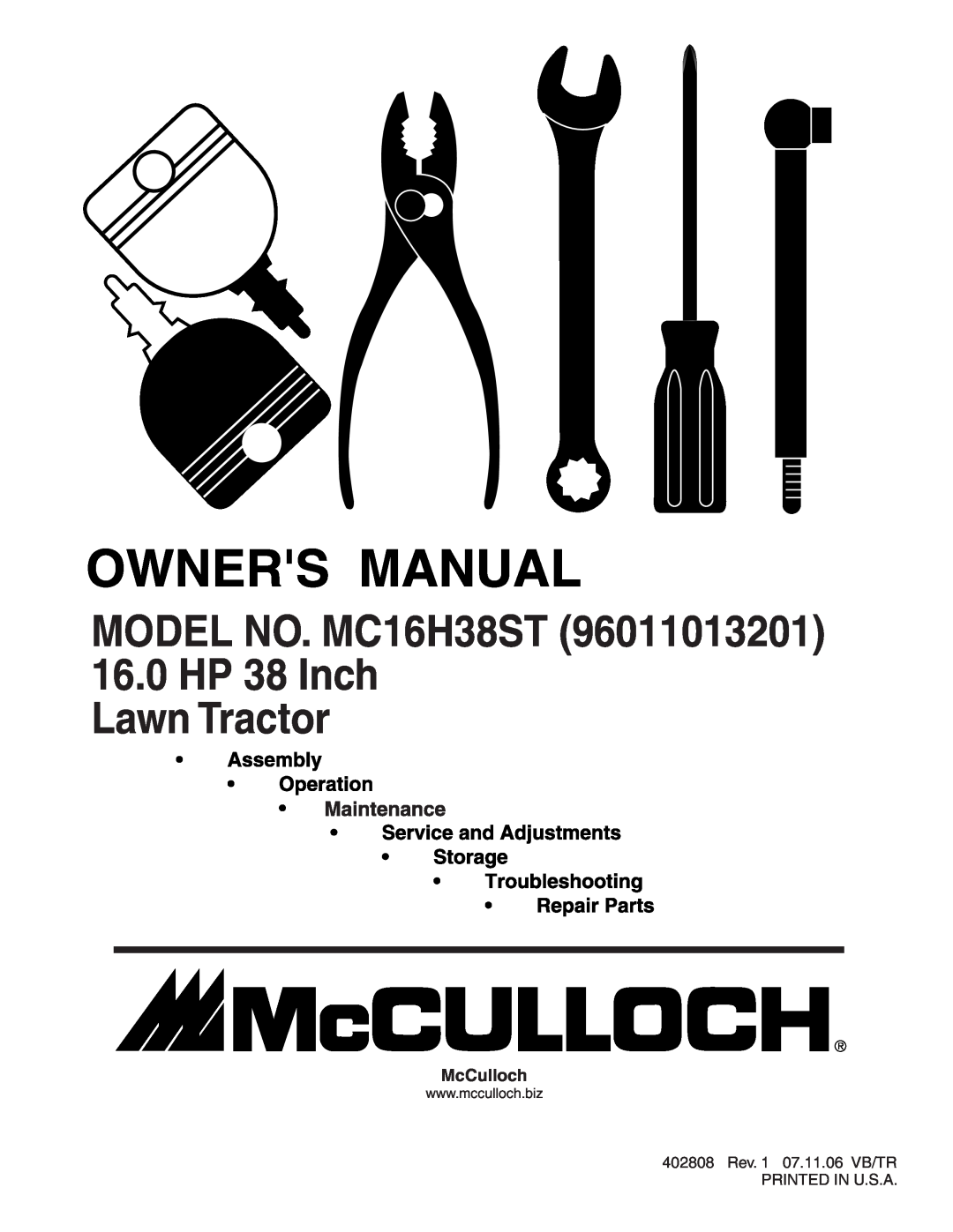 McCulloch 96011013201 manual MODEL NO. MC16H38ST 16.0 HP 38 Inch Lawn Tractor, McCulloch 
