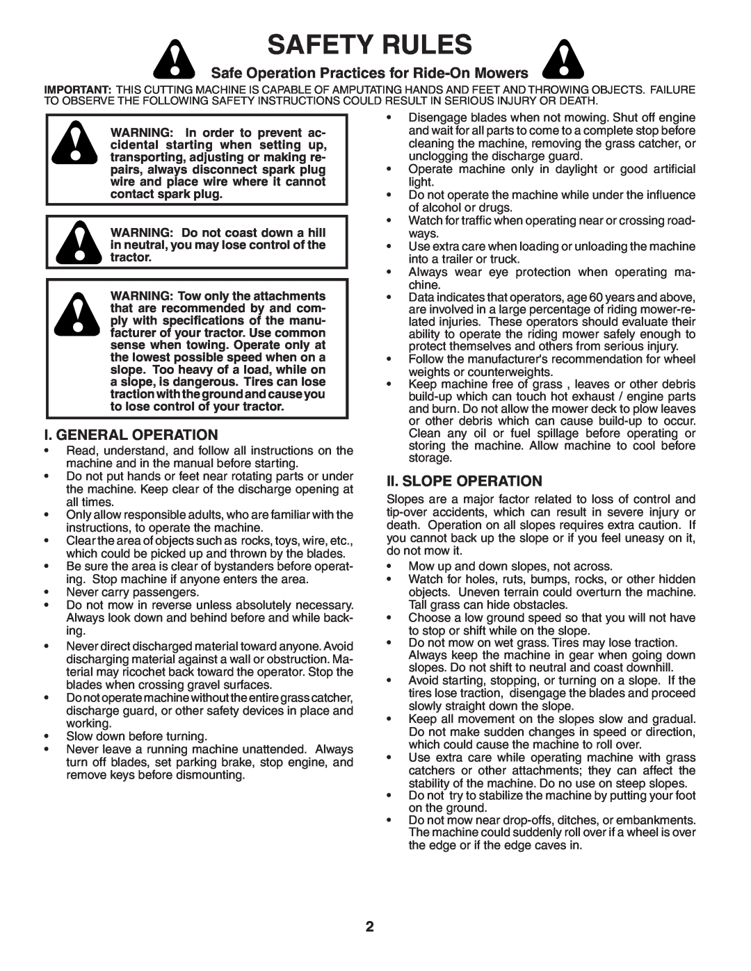 McCulloch MC16H38ST Safety Rules, Safe Operation Practices for Ride-On Mowers, I. General Operation, Ii. Slope Operation 