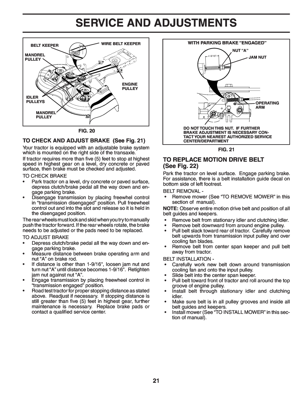 McCulloch 96011013201 TO REPLACE MOTION DRIVE BELT See Fig, Service And Adjustments, TO CHECK AND ADJUST BRAKE See Fig 