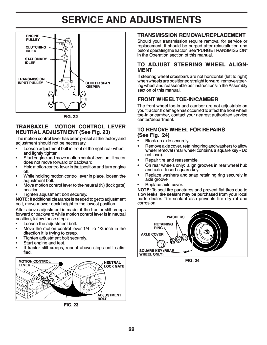 McCulloch MC16H38ST manual TRANSAXLE MOTION CONTROL LEVER NEUTRAL ADJUSTMENT See Fig, Transmission Removal/Replacement 